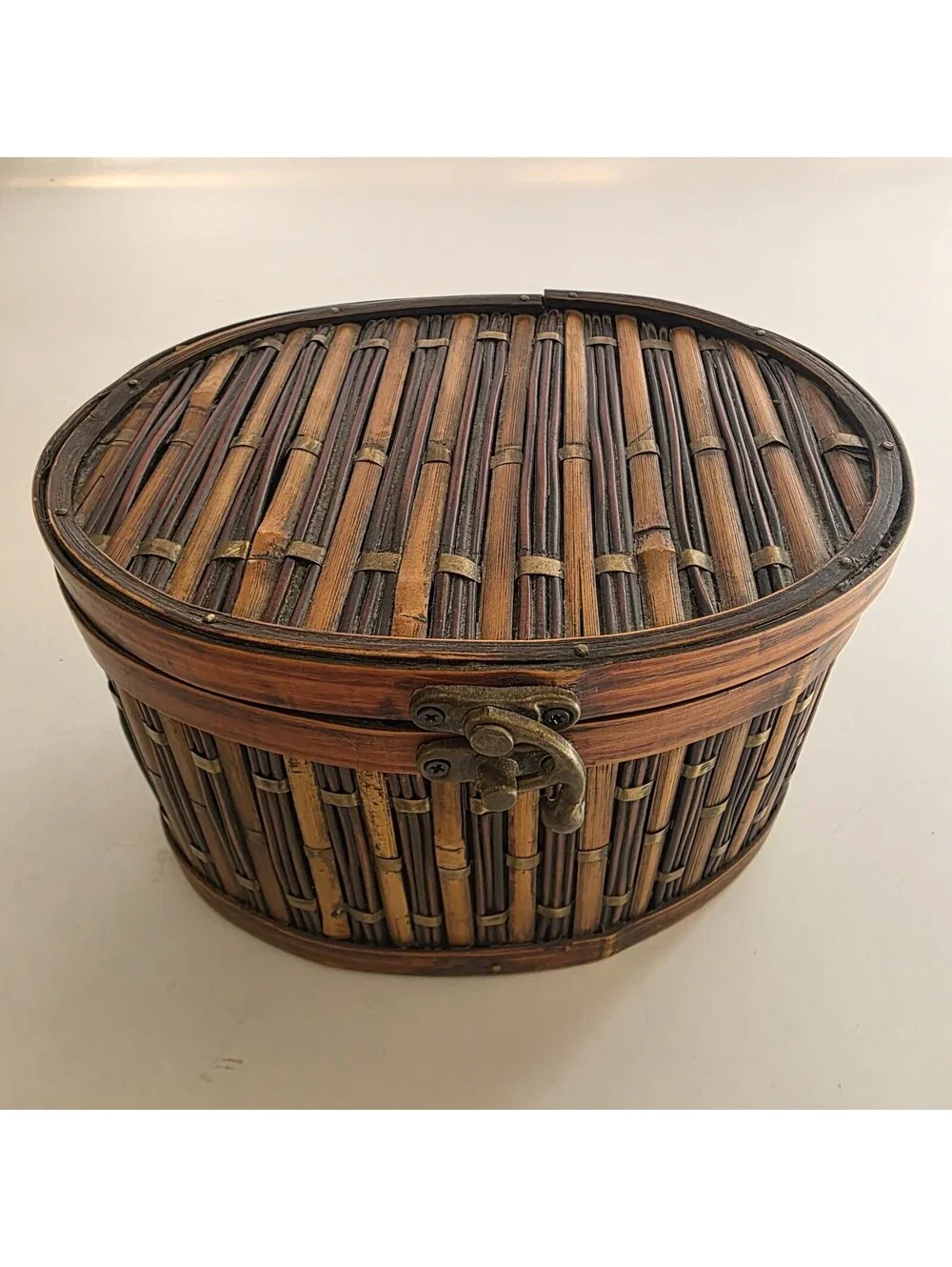 Bamboo/Rattan Oval Storage Box Clasp Closure VTG